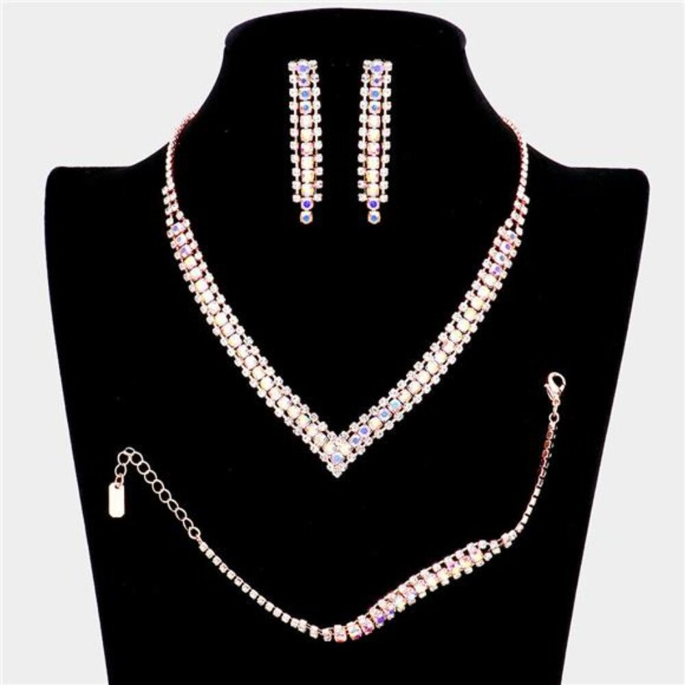 3 Piece Round Stone Detail Rhinestone Necklace Jewelry Set